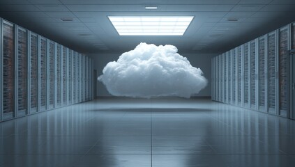 Cloud floats above reflective floor in sterile data center room.