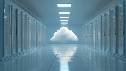 Server room aisle with floating white cloud and bright ceiling lights