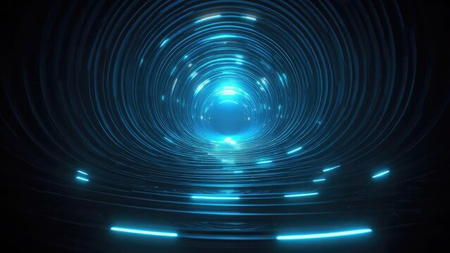 A glowing blue warp tunnel with concentric circular rings and bright light at the center. Concept Warp Tunnel, Blue Glow, Concentric Rings, Light at Center, Sci-Fi Portal