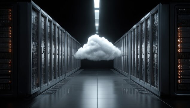 Cloud floats above server racks in a dark data center aisle.