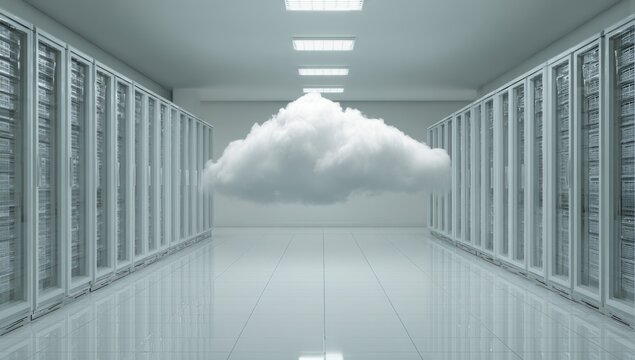Cloud floats in sterile server room aisle between racks of equipment.