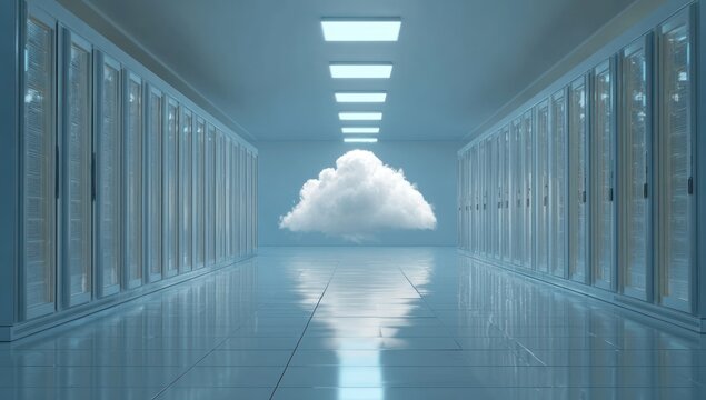 Server room aisle with floating white cloud and bright ceiling lights - Powered by Adobe