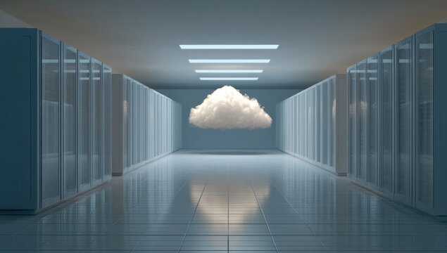 Server room aisle with floating white cloud and glowing ceiling lights.