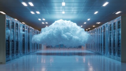 Cloud computing concept visualized in a blue server room environment.