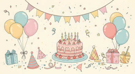 Beautiful hand drawn birthday party clip art stock illustration. Birthday candles invitation