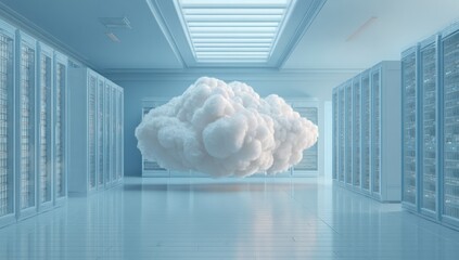 Fluffy white cloud floats inside a bright blue server room environment