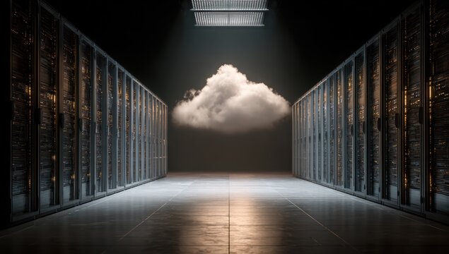 Server room aisle with glowing racks and a floating cloud.