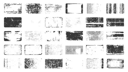 Overlay textures set stamp with grunge effect. Old damage Dirty grainy and scratches. Set of different distressed black grain texture.