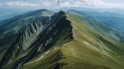 Fototapeta premium Grassy mountain ridge with a sharp summit, steep rocky cliffs to one side, and distant blue ranges on the horizon. Concept Grassy mountain ridge, Sharp summit, Steep rocky cliffs