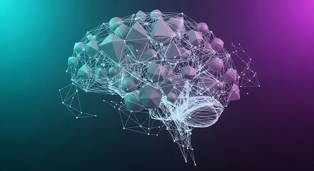 Abstract digital brain network with glowing connections and geometric shapes on a gradient background
