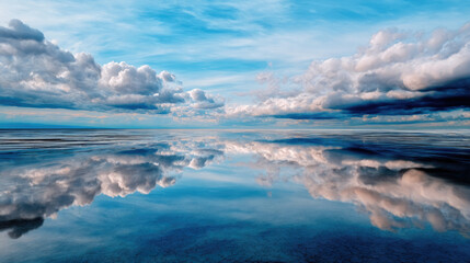 Obraz premium Minimal coastline scene with mirror-like water surface reflecting clouds, surreal tranquility