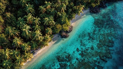 Aerial view of a tropical beach with palm trees along white sand and turquoise, crystal-clear water. Concept Aerial Beachscape, Palm Trees & White Sand, Turquoise Crystal-Clear Water