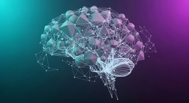 Abstract digital brain network with glowing connections and geometric shapes on a gradient background