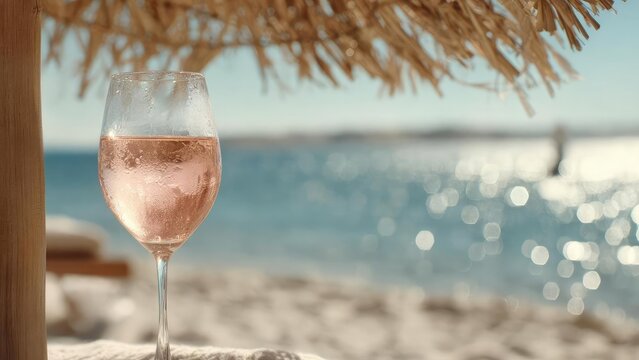 pink ros&eacute; in a stemmed glass on a sunny beach under a thatched parasol, with a sparkling ocean in the background Concept Beachside Ros&eacute; Photography Under Thatched Parasol