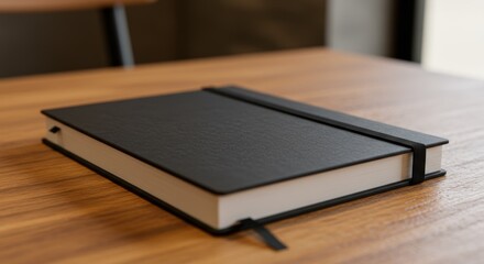 Black Hardcover Notebook with Elastic Band and Bookmark on Wooden Table