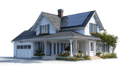 Beautiful white house with solar panels isolated on transparent background