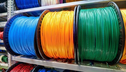 colorful coils of cable organized on warehouse shelves