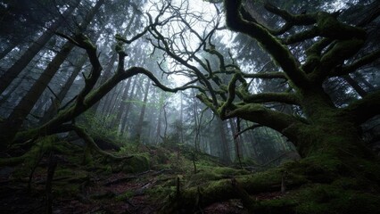 Obraz premium A moss-covered, gnarled tree in a misty forest. Concept Mossy Tree, Gnarled Trunk, Misty Forest, Moody Nature, Forest Atmosphere
