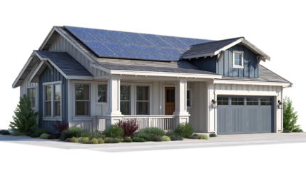 Modern house with solar panels on roof isolated on transparent background