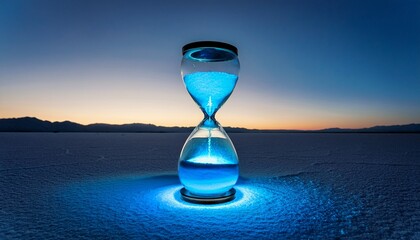 giant hourglass filled with glowing blue sand in the middle of an empty salt flat at dusk