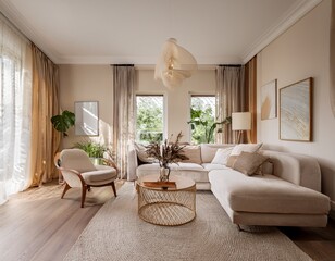stylish living area featuring soft tones and modern furnishings