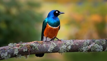 a superb starling or lamprotornis superbus perched on a tree branch displaying its iridescent blue orange and black plumage captured in a natural habitat with a blurred green foliage background