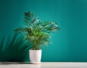 green plant in white pot against teal wall