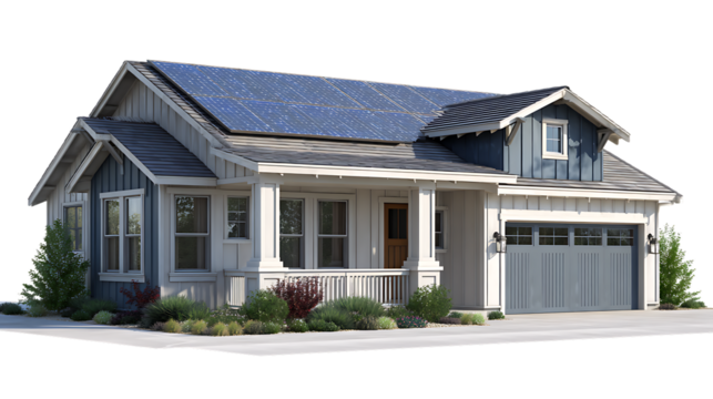 Modern house with solar panels on roof isolated on transparent background