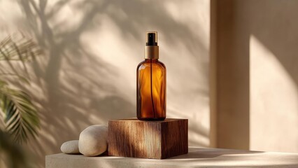 Amber glass spray bottle on a wooden block with smooth stones in a warm, sunlit neutral setting. Concept Amber glass spray bottle, Wooden block and smooth stones, Warm sunlit neutral setting