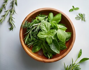 fresh vibrant green herbs displayed in a wooden bowl highlighting their texture and color against a light background