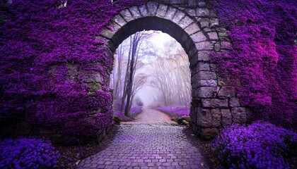 stone archway leads to purple fantasy forest path