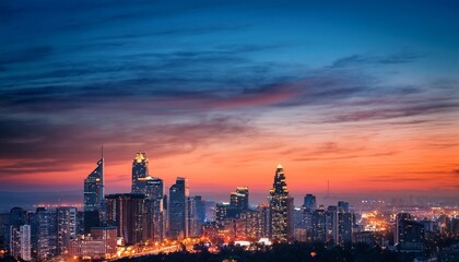 impressive city skyline illuminated by evening twilight ambiance