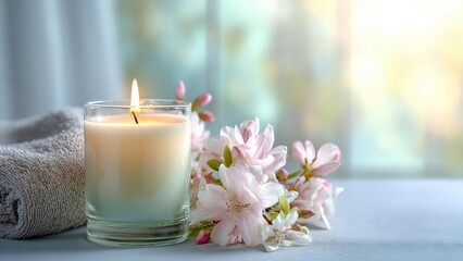 A lit candle in a glass holder sits beside a rolled towel and pink blossoms, creating a tranquil spa-like scene. Concept Spa ambience, Candles and towels, Pink blossom decor, Relaxation vibes