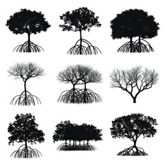 Collection of nine black silhouette mangrove trees with exposed root systems, isolated on white background.