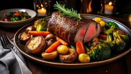 an appetizing roast served with vibrant vegetables on a platter