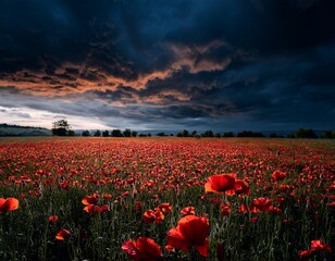 nature labdscape composition of poppy field at night and heavy cloudy sky