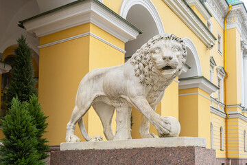 Guard lion holding a ball at Lobanov Rostovsky House on St Isaacs Square. Four Seasons Hotel Lion Palace St. Petersburg 