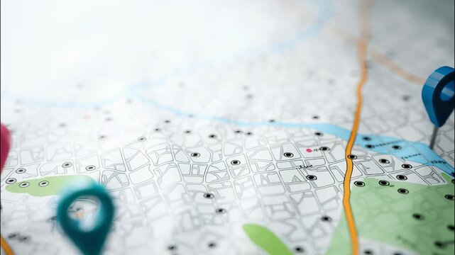 Vibrant map pins highlighting global travel routes, pinpointing destinations across crumpled geographic surface with colorful precision video 4k