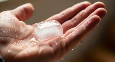 Hand holding melting ice cube with water droplets.