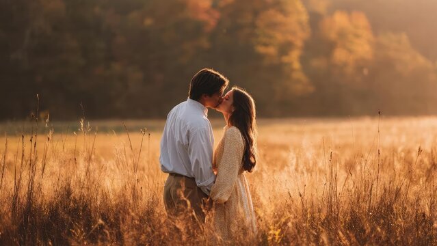 A couple kissing in a sunlit field of tall golden grass at sunset. Concept Romantic sunset kiss, Golden field at dusk, Sunlit tall grasses, Intimate couple portrait, Warm golden hour light
