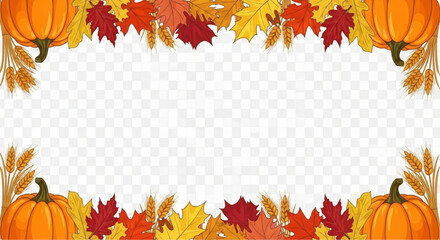 Autumnal frame adorns the border, pumpkins and leaves create a visual feast. Embodying the charm of the harvest season with vibrant colors and rich textures. vector illustration
