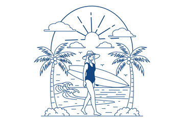 Line art illustration of a woman on a beach with palm trees isolated on white background