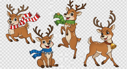 Naklejka premium A charming group of festive reindeer in different poses with adorable expressions, each adorned with a unique scarf, against a transparent background. vector illustration
