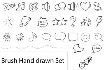 Hand drawn brush stroke icon set isolated on white background, sketch style doodle elements
