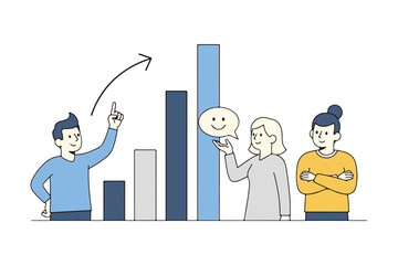 People standing near a bar graph isolated on white background with positive feedback