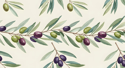 Hand-painted watercolor seamless pattern featuring horizontal olive branches with green and purple fruit. Perfect for kitchen textile, labels, packaging, wallpaper, and Mediterranean-inspired designs