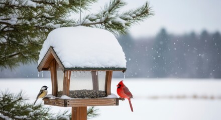 Red Cardinal with Chickadee, Snowy Bird Feeder, and Winter.