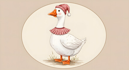 Cute goose illustration for a girl, featuring a festive hat and collar. This beige poster with an oval frame showcases a farm bird in a watercolor cottagecore style, perfect for kids' textile