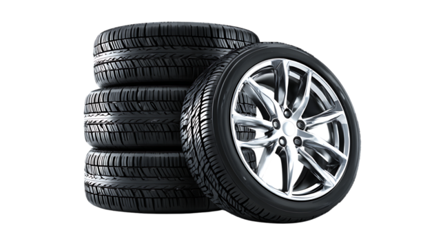 Stack of four car tires and one alloy wheel isolated on transparent background