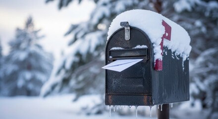 Paper Plane in Snowy Mailbox with Winter Landscape.